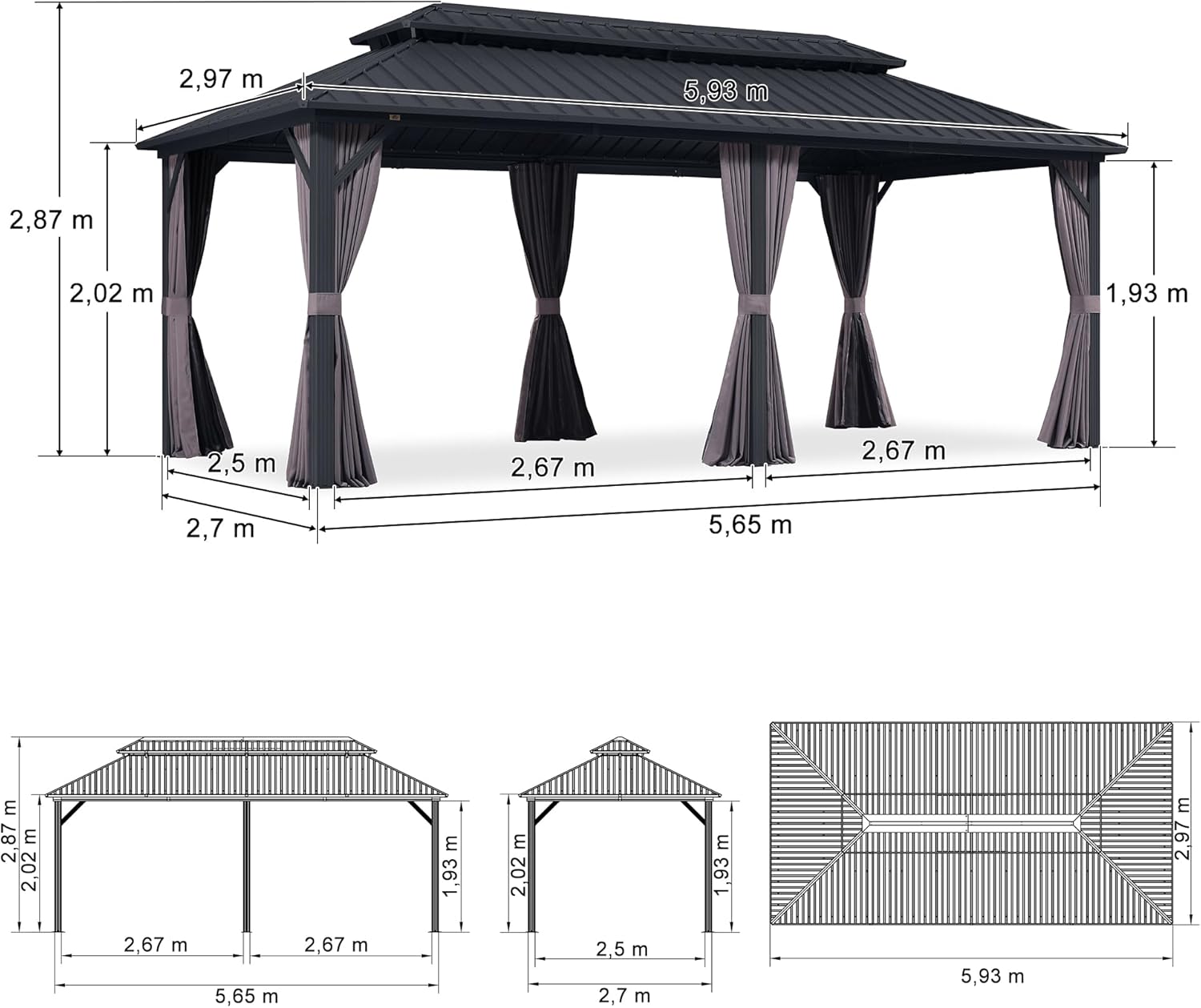 jardinite - pergola double toit 6x3m, alu & acier, rideaux & moustiquaire