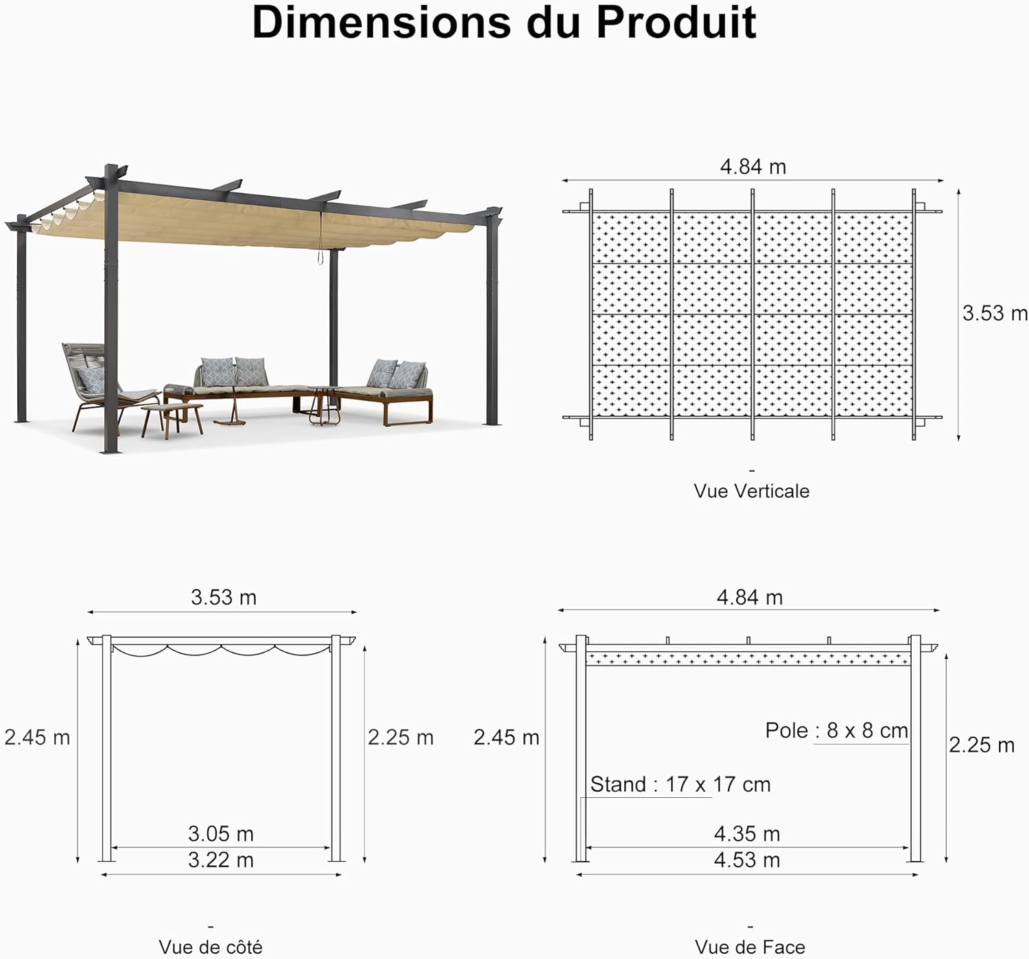 jardinite - pergola aluminium série LED - 4,8x3,5 m - toit rétractable, structure résistante, kaki