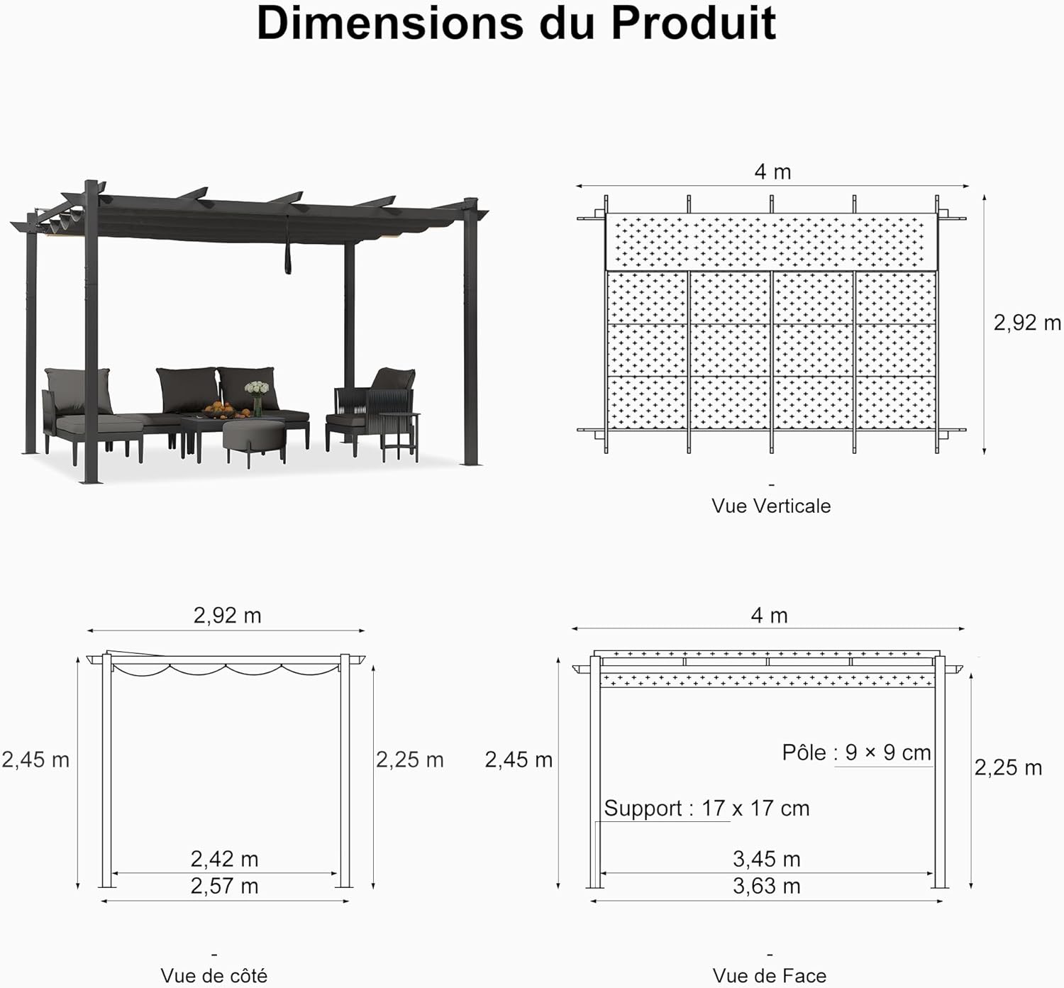 jardinite - Pergola aluminium série - 4x3m - toit rétractable, imperméable, gris