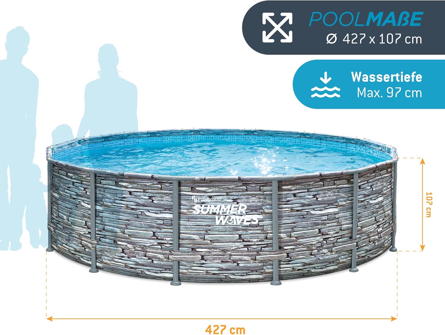 jardinite - Frame Pool Kit rond - 427x107 cm - aspect pierre grise, pompe à filtre