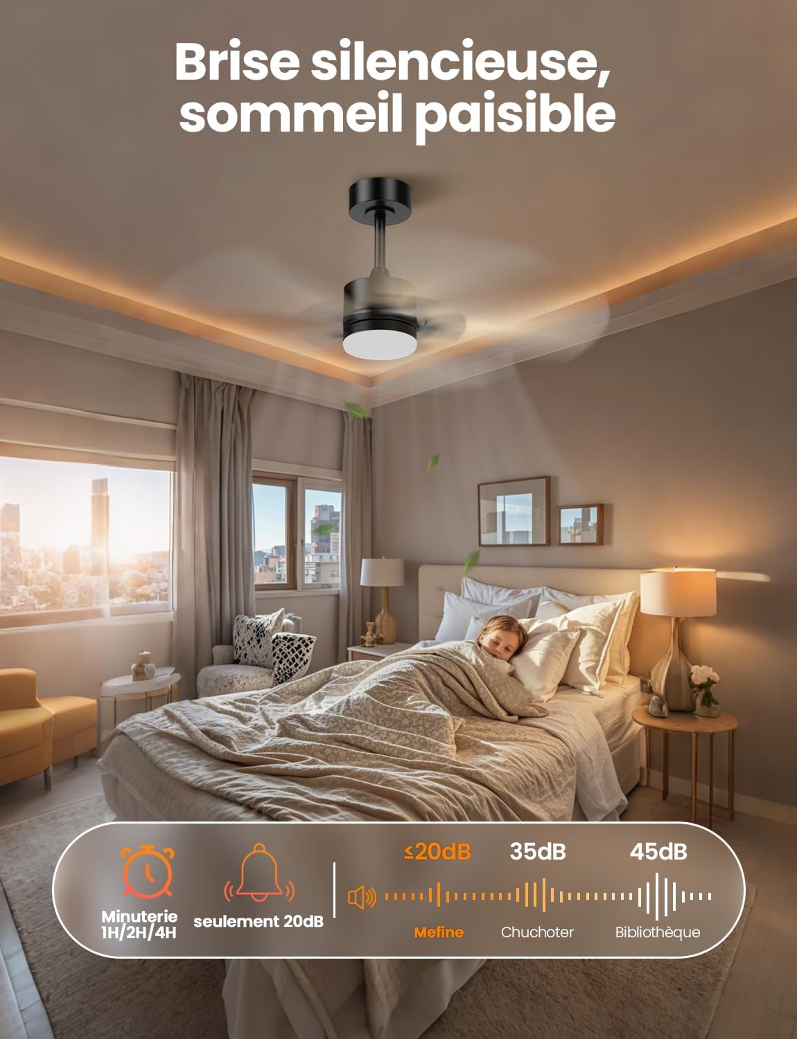 Ventilateur plafond LED 106cm, 5 pales bois/noir, télécommande, minuterie, 6 vitesses