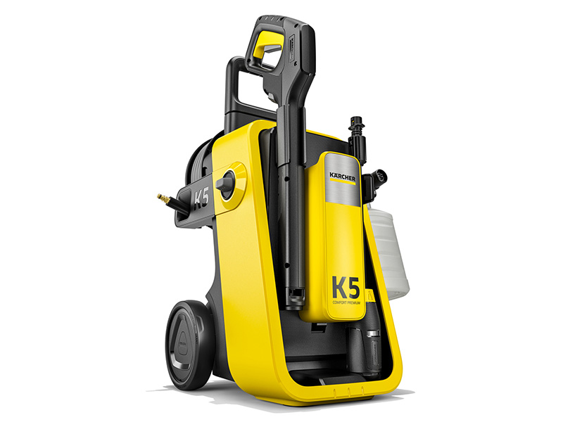 Le texte se lit comme suit : « Image 4 ». Nettoyeur haute pression industriel ou machine de nettoyage jaune et noir présenté sous plusieurs angles, avec un design compact avec roues.