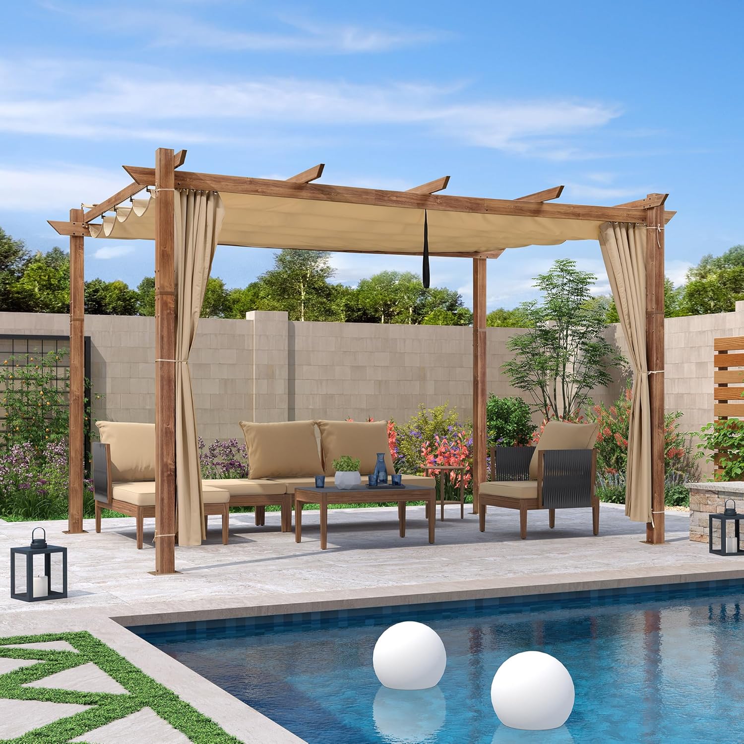 jardinite - Pergola alu finition teck 4x3m - toile rétractable, rideau, kaki