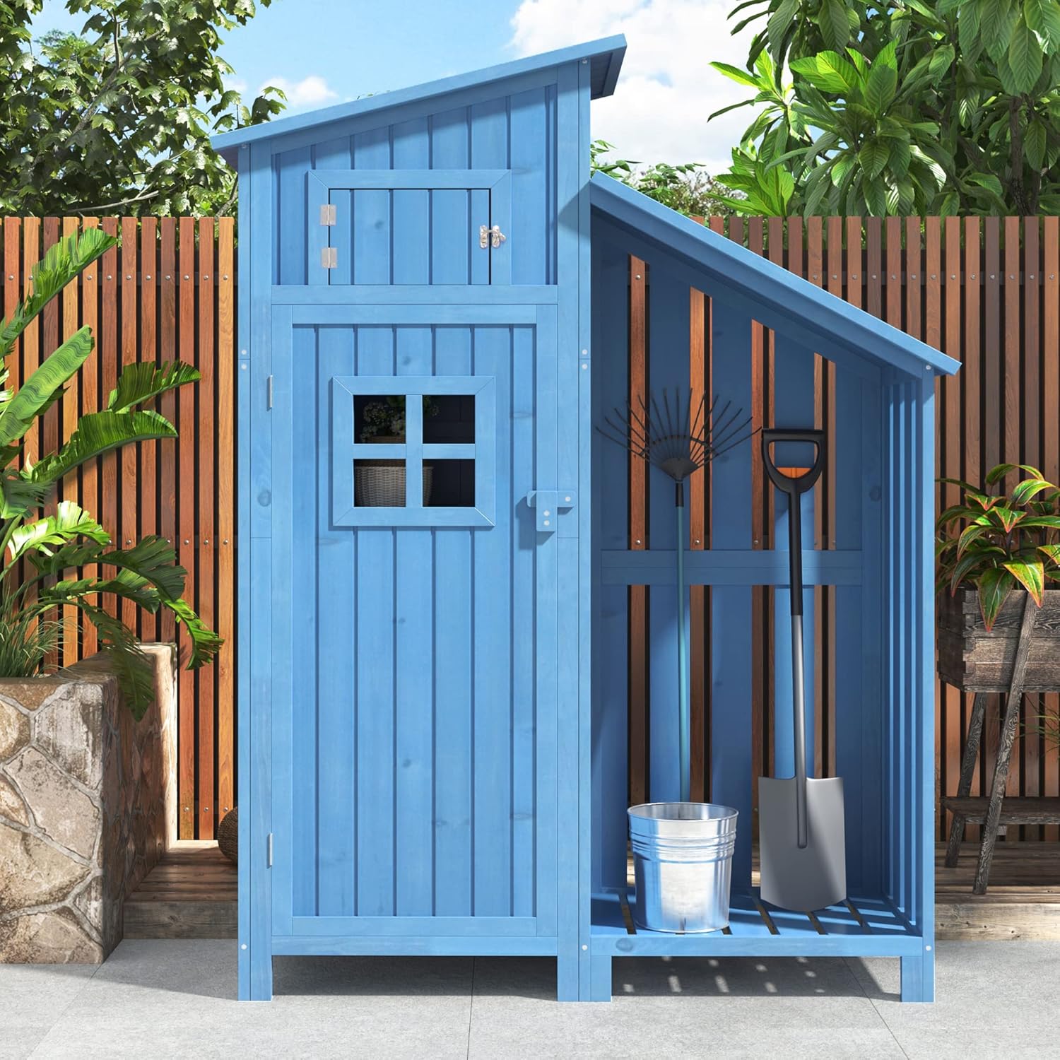 Abri de jardin bois - cabane selle PVC - 124x46x174cm - fondation, 2 étagères, armoire outils - bleu