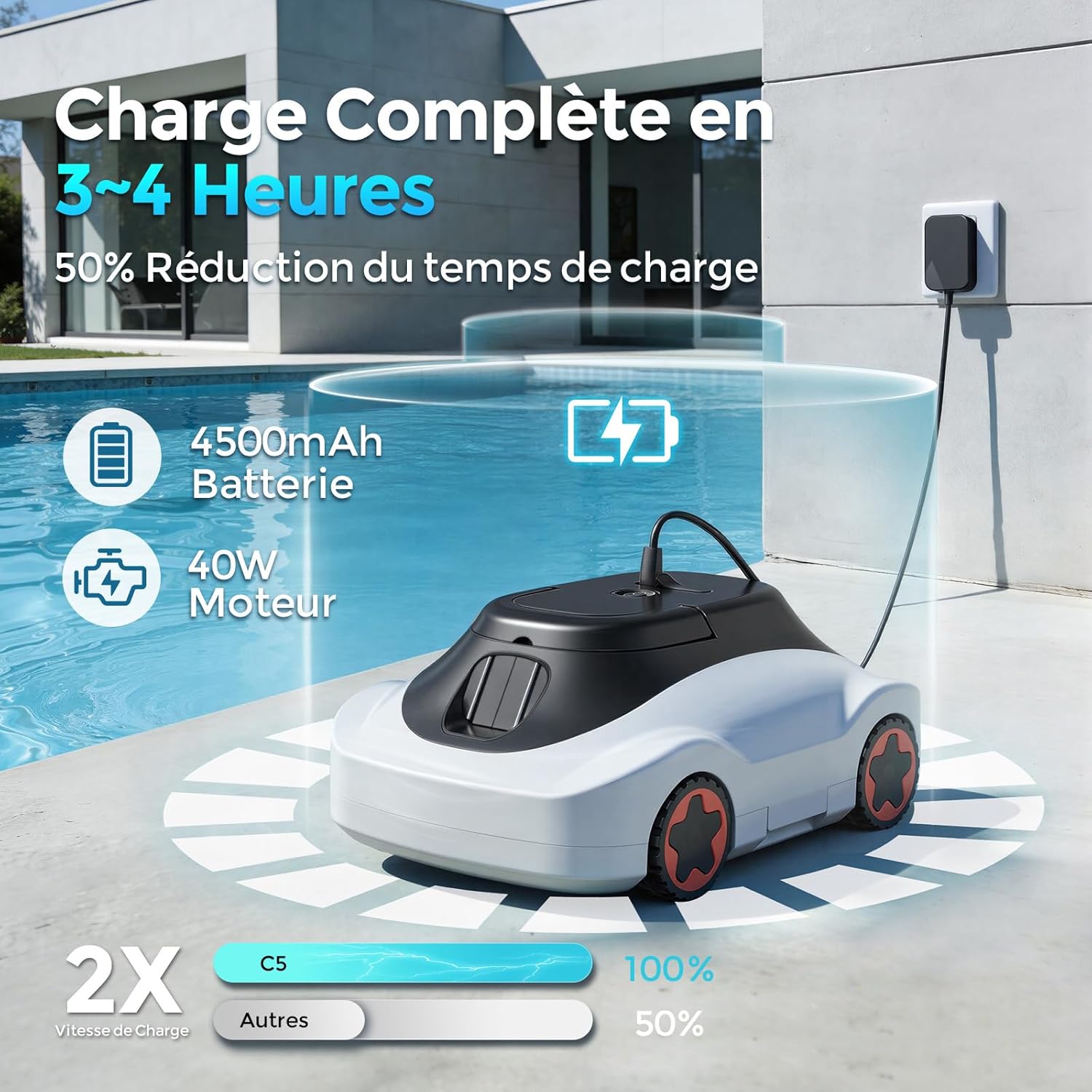 Robot piscine sans fil - 180 min, aspiration puissante, 200m², filtration ultra-fine