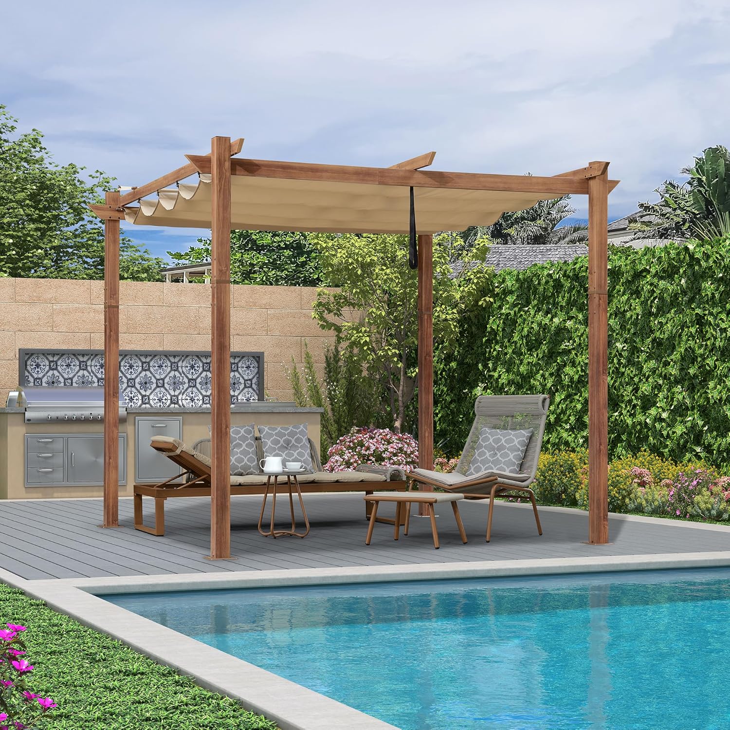 jardinite - pergola aluminium - 3x3m - teck, toile rétractable, kaki