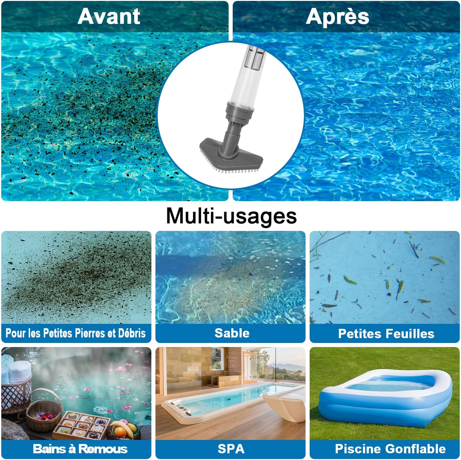 Aspirateur de piscine sans fil - rechargeable - compact - 3 en 1, gris foncé