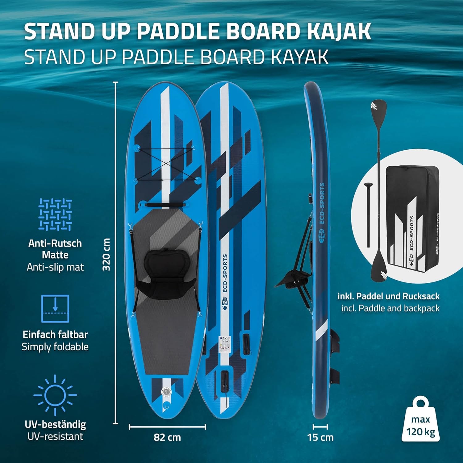 jardinite Stand Up Surf Paddle Board Gonflable 305/308/320/380 cm | PVC | jusqu'à 120/150 kg | Épaisseur 10/15 cm | Planche de Surf Pagaie Sac de Transport Pompe à Air | Diverses Couleurs Modèles