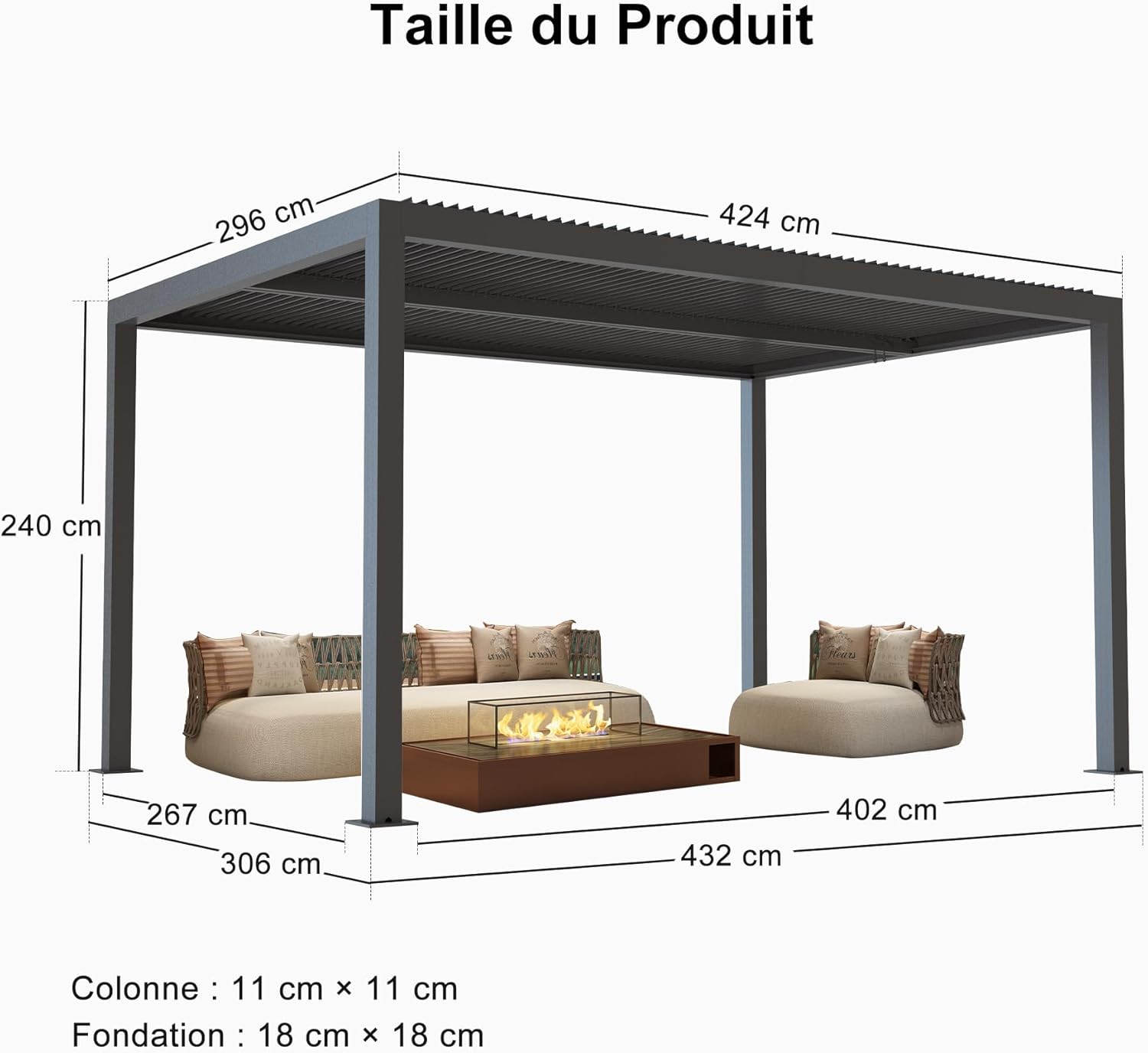 jardinite - Pergola bioclimatique 4,24x3m, aluminium, lames orientables, éclairage extérieur, 12,72m², Gris