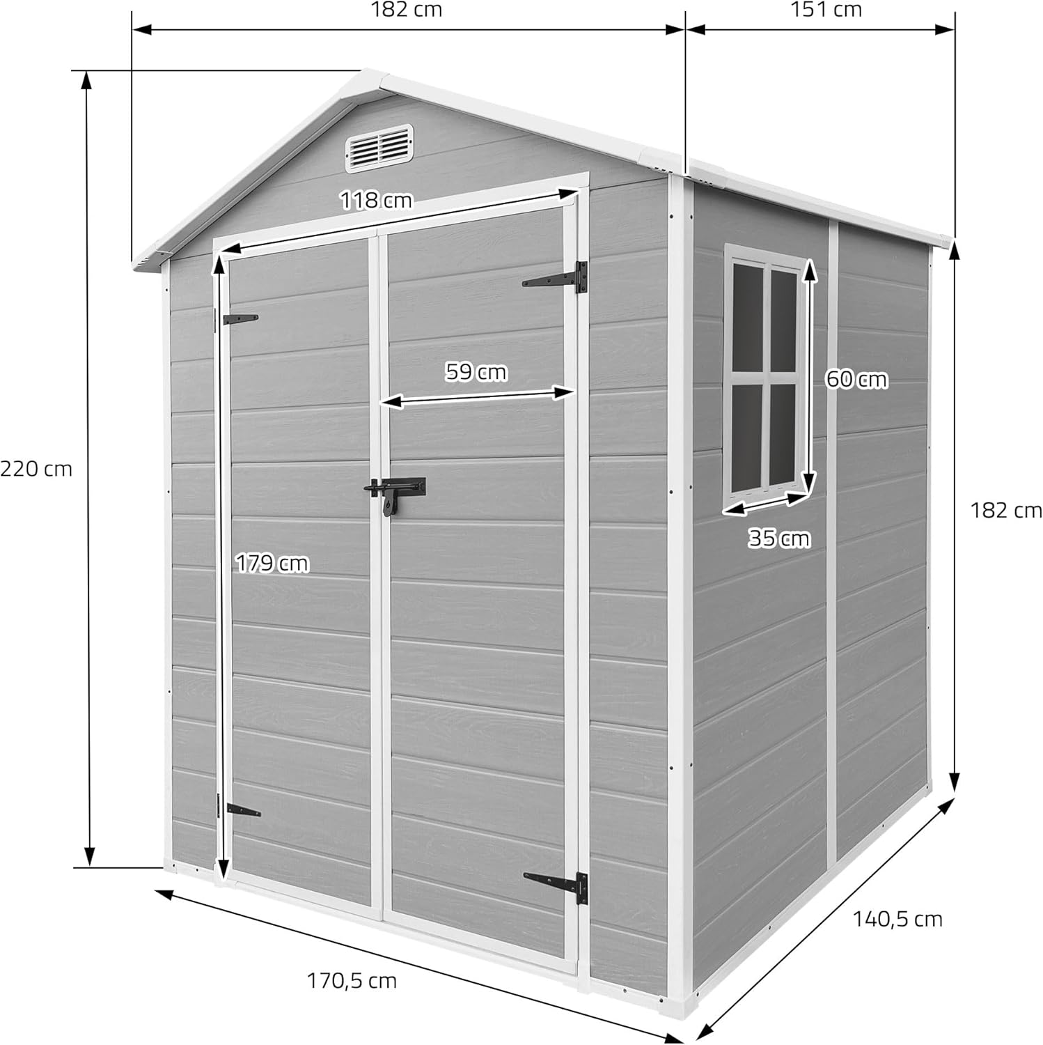 jardinite - abri de jardin résine, 151x182x220 cm, double porte, fenêtre, 5m³