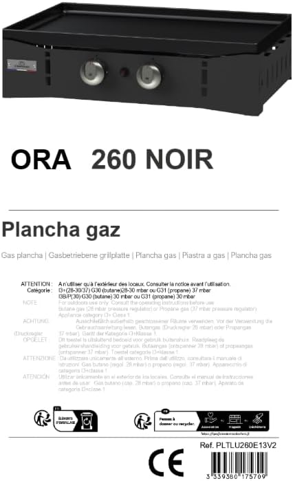 Marque - jardinite Plancha Ora Gaz - 260 Noire - Plancha gaz robuste et compacte, surface de cuisson large.