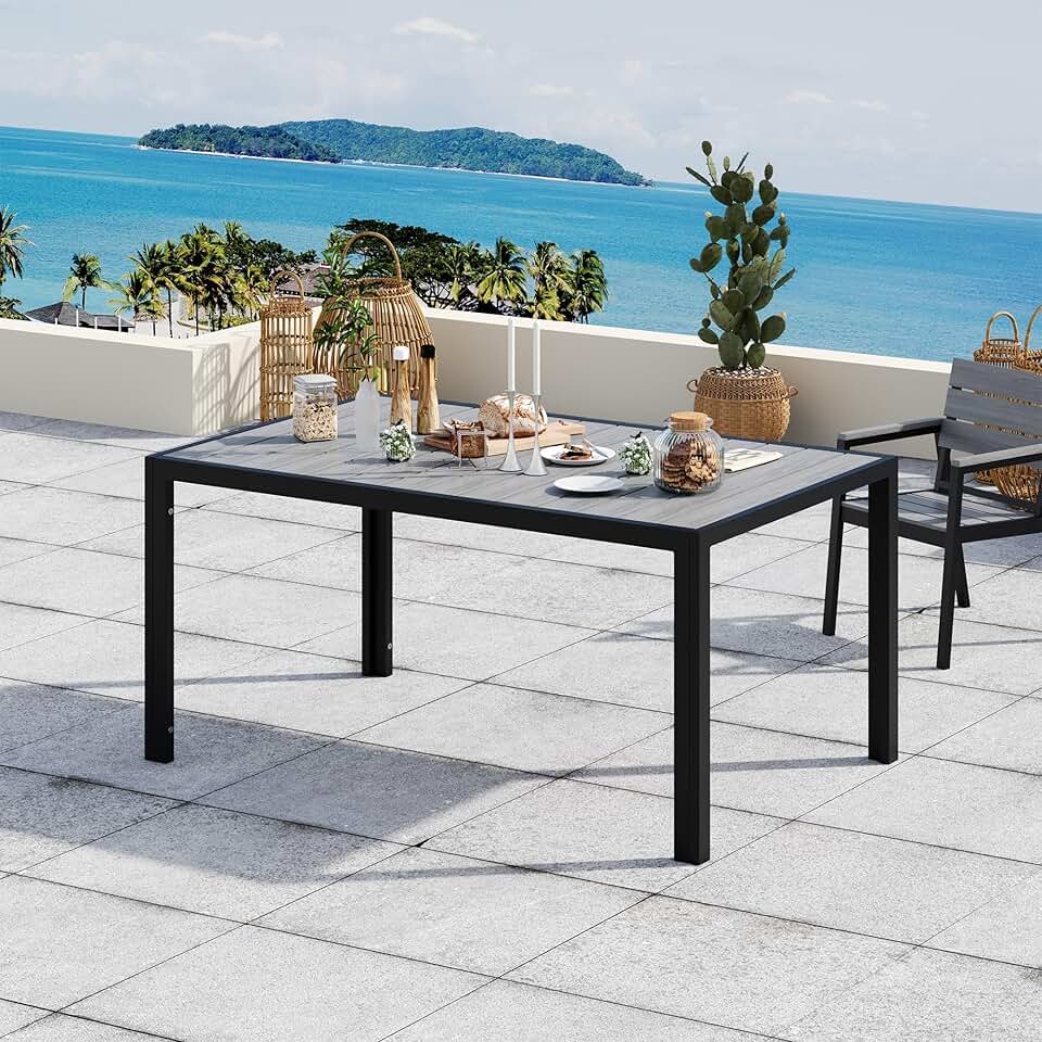 jardinite - HDPS - Table de jardin 150x80x72cm - aluminium, grain bois