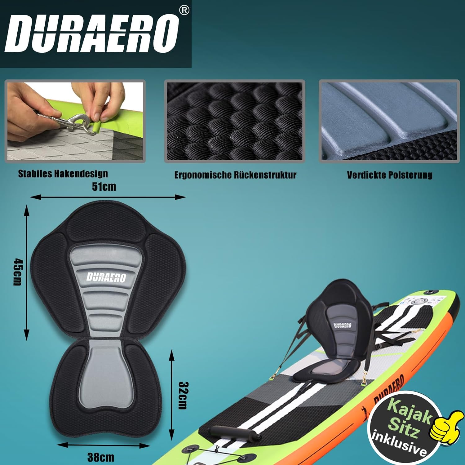 Planche de paddling SUP - siège kayak, 330x76x15cm, 150kg, coussinet, 3 ailerons, double pagaie, accessoires, SUP33015