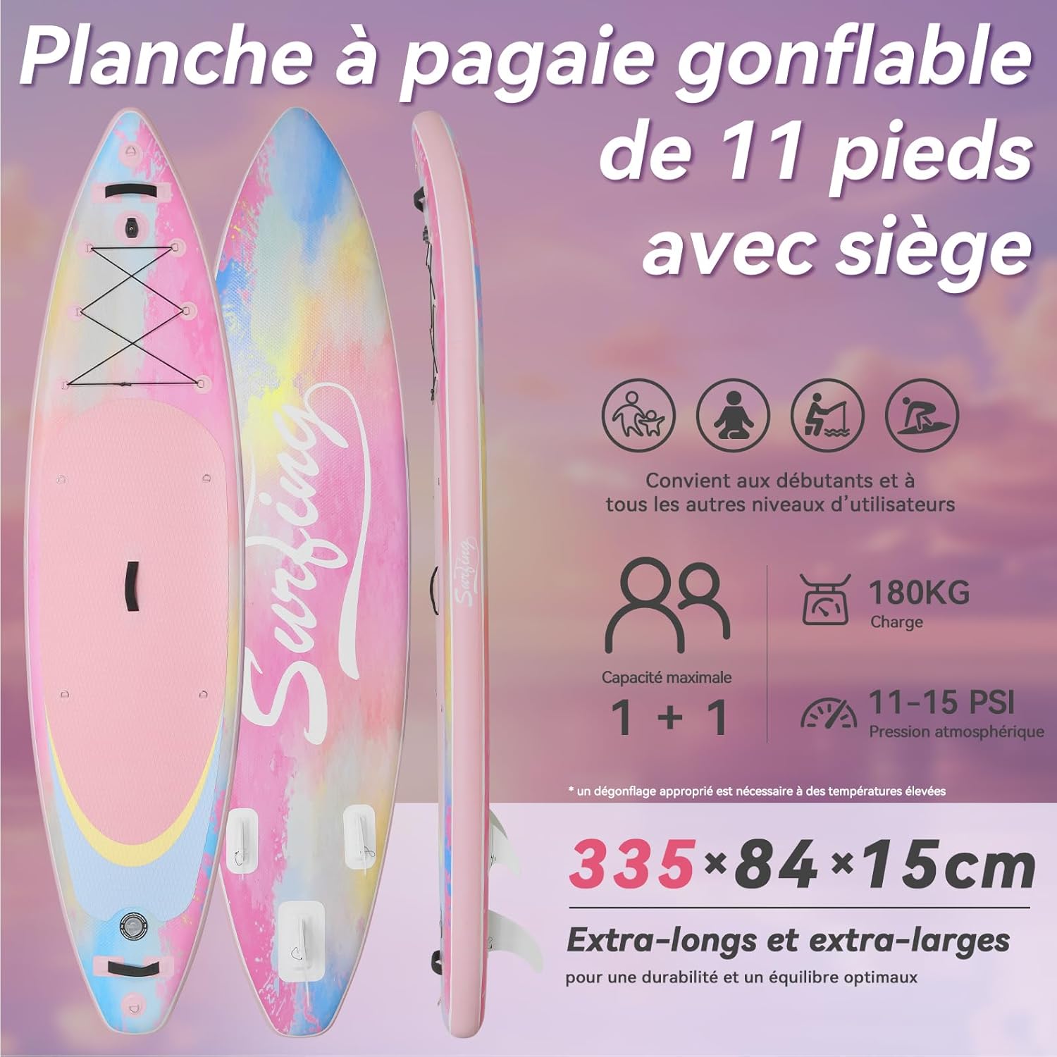 jardinite - Paddle Gonflable Série Adulte - 320/335cm - 2 places, siège kayak, pagaie alu, support caméra, pompe, 150kg