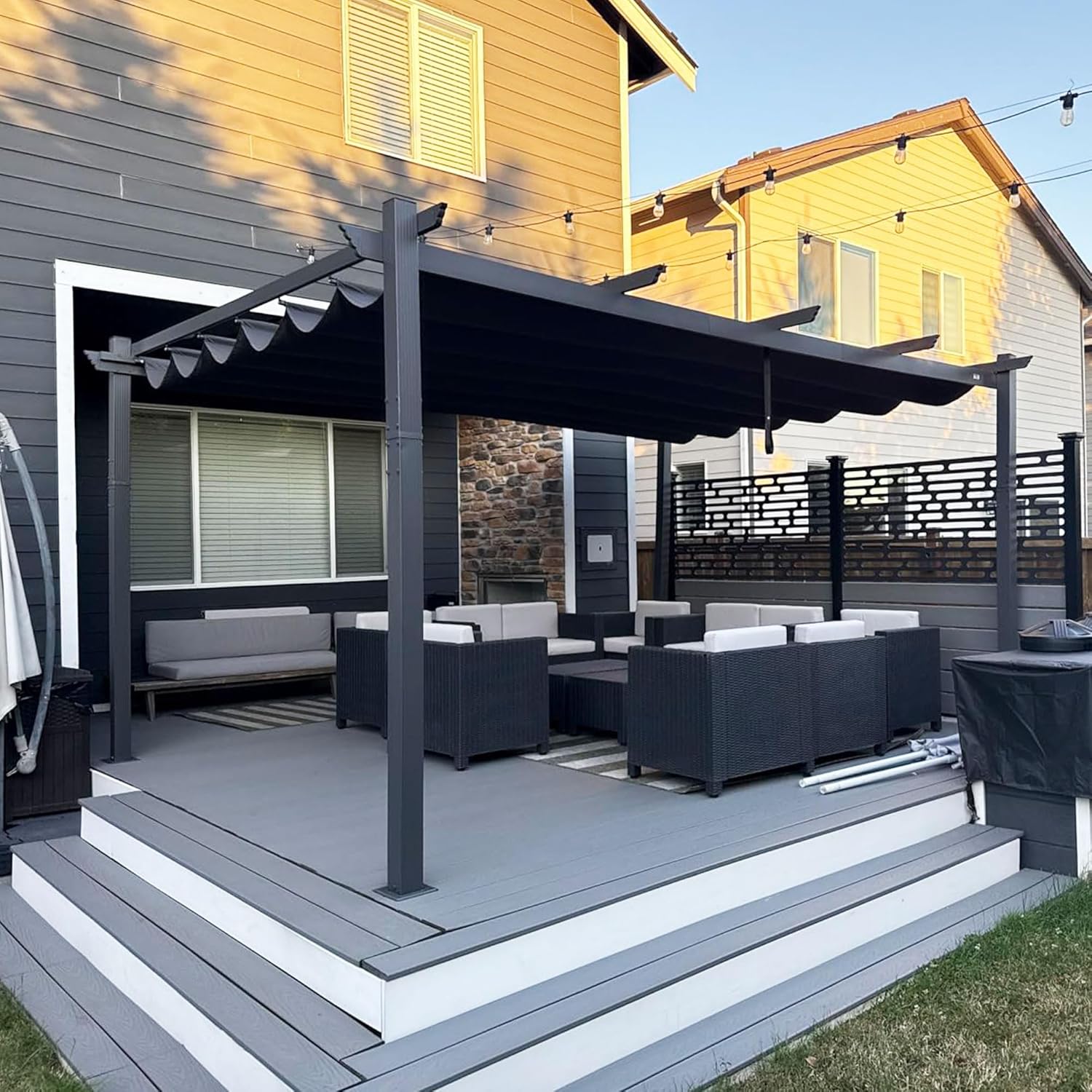 jardinite - Pergola aluminium - 4x3,2m - LED, toit rétractable, toile teintée