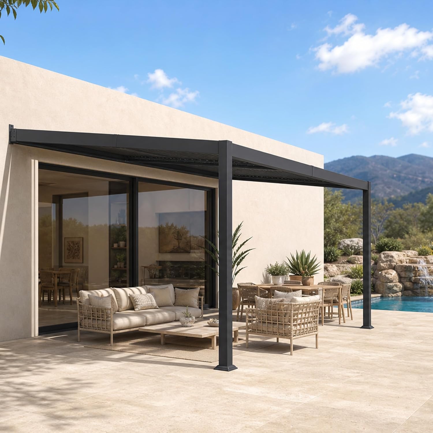 jardinite - pergola bioclimatique adossée - 2,5x3,65m - aluminium, lames orientables, imperméable, gain de place