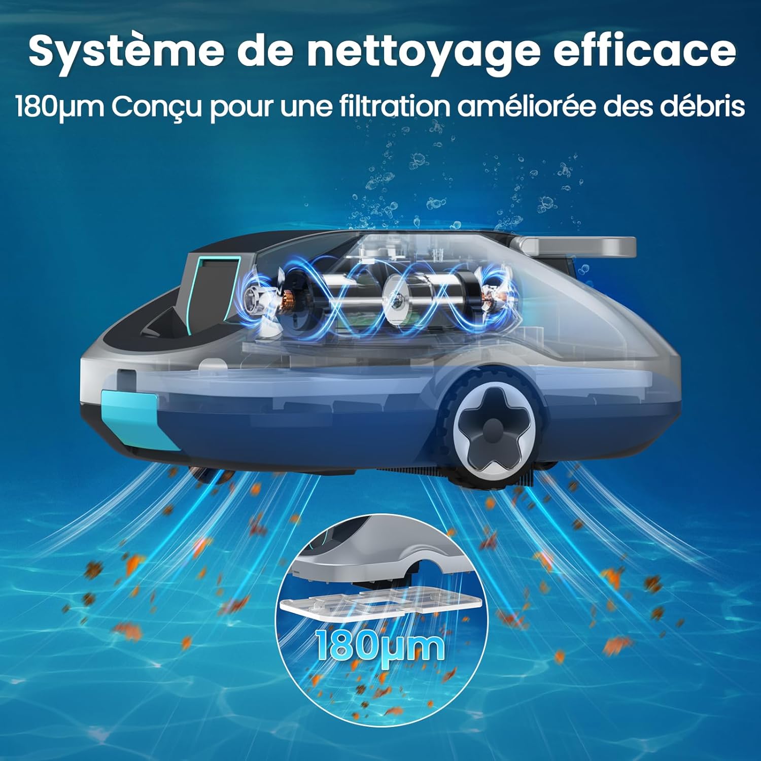Robot piscine sans fil - compact, 200min autonomie, filtration fine, 232m²