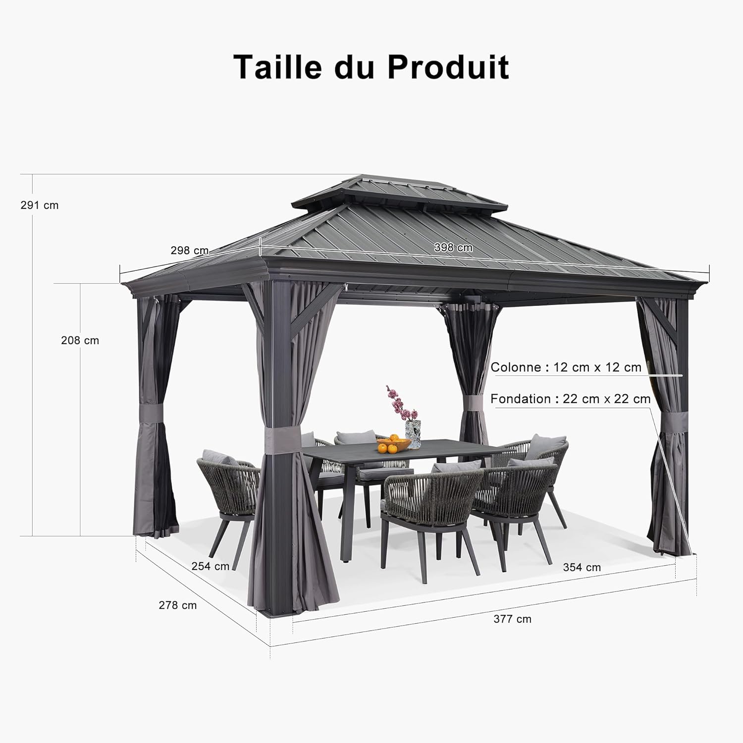 jardinite - tonnelle jardin série toit rigide - 3,65x3m - acier galvanisé, gouttière, rideaux épais