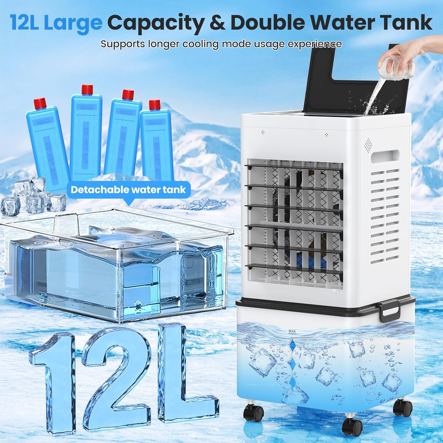 Climatiseur mobile 3-en-1, 12L, 6 vitesses, télécommande, 24H timer