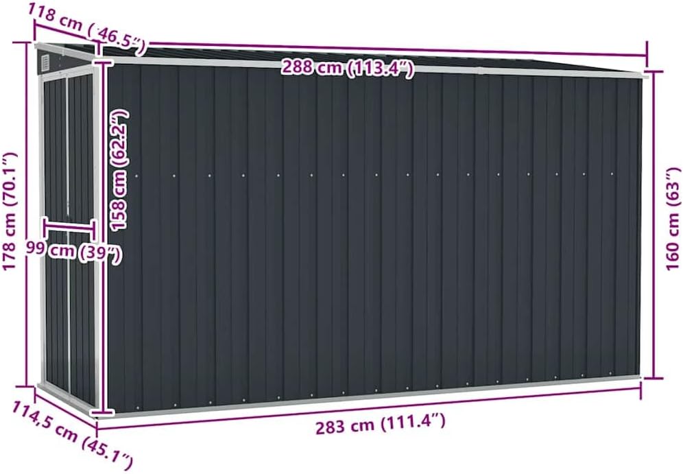 Abri de jardin mural - acier anthracite 118x288x178 cm - extérieur - 316227