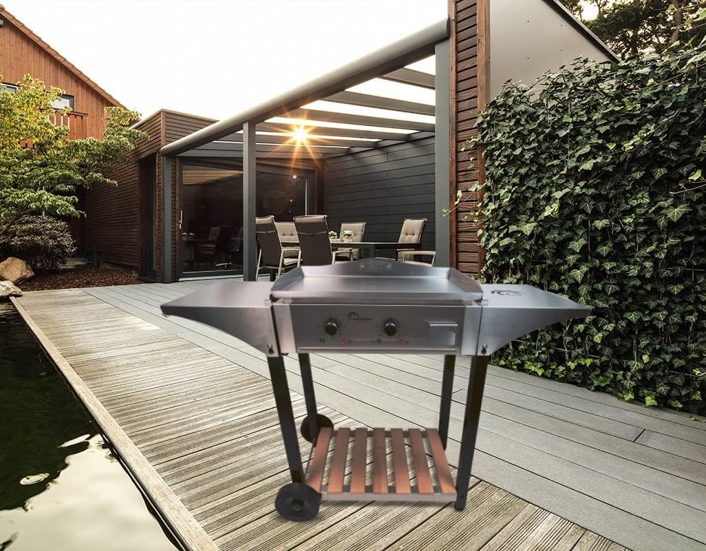 jardinite - Chariot plancha Aquitaine Pro - inox/bois, roulettes, dessertes latérales - 8477