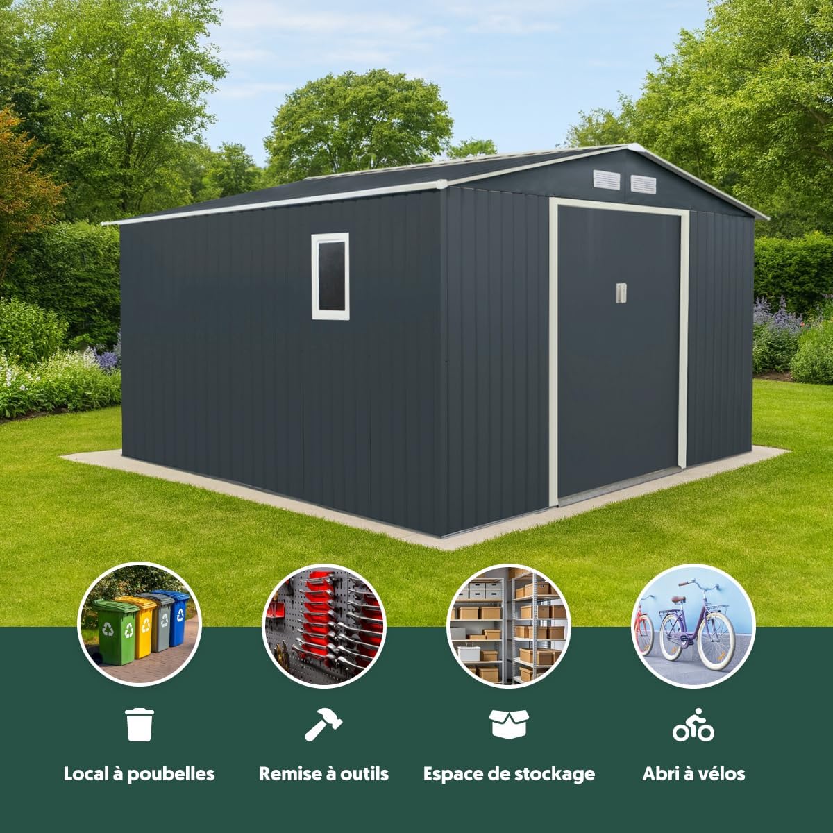 Abri de Jardin Métal anthracite 10,85m², parois 175cm, fenêtre, kit ancrage