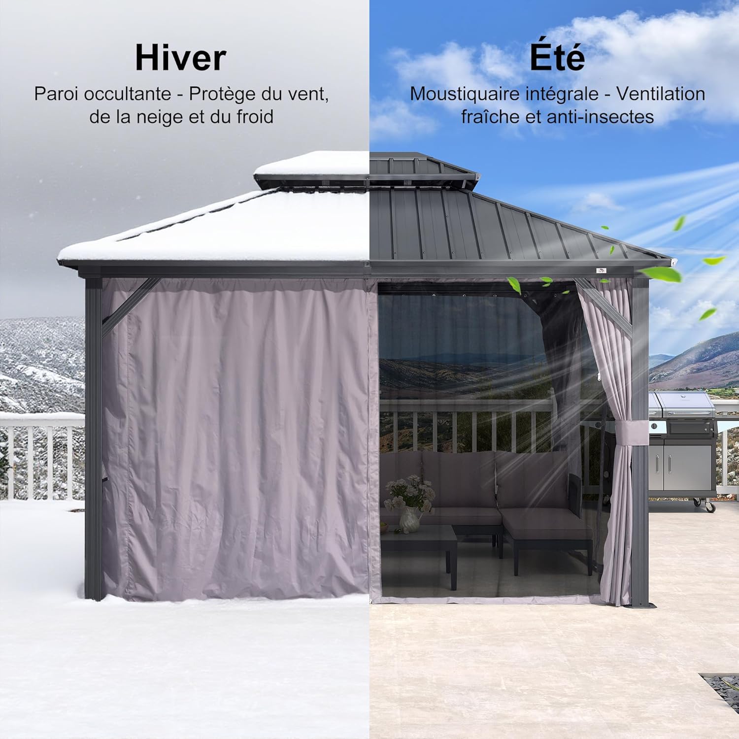 jardinite - Pergola aluminium double toit 3,65x3m rideaux moustiquaire