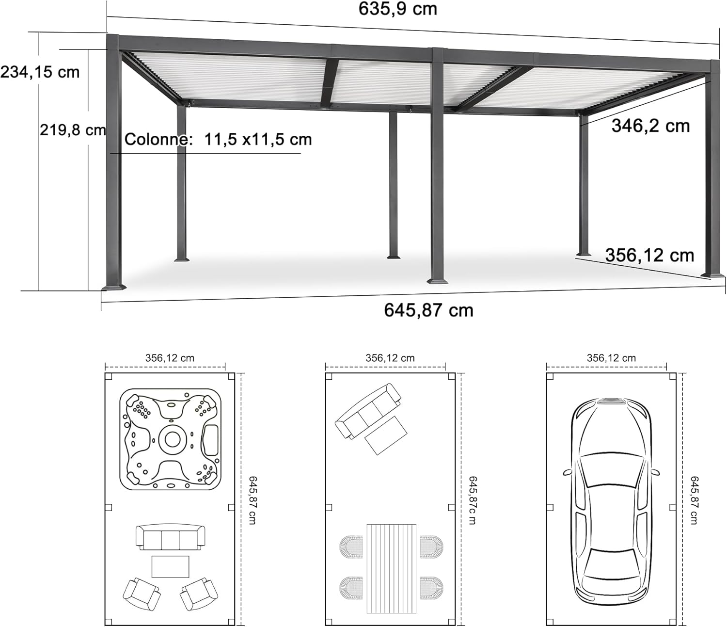 jardinite - Pergola Bioclimatique - 6,35x3,5m - Aluminium, éclairage, lames orientables, poteaux blancs