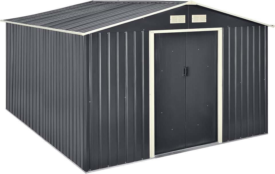 jardinite Abri de Jardin 15 m³ Robuste Cabane de Stockage Extérieur Cabane à Outils Toit à Pignon Tôles en Acier Galvanisées Gris Foncé
