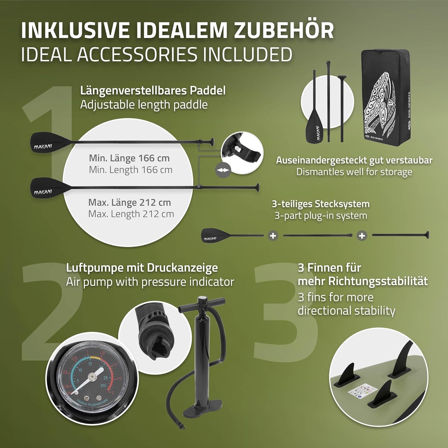 jardinite - Stand Up Paddle Série - 305/308/320/380 cm - PVC, 120/150 kg, épaisseur 10/15 cm, sac, pompe