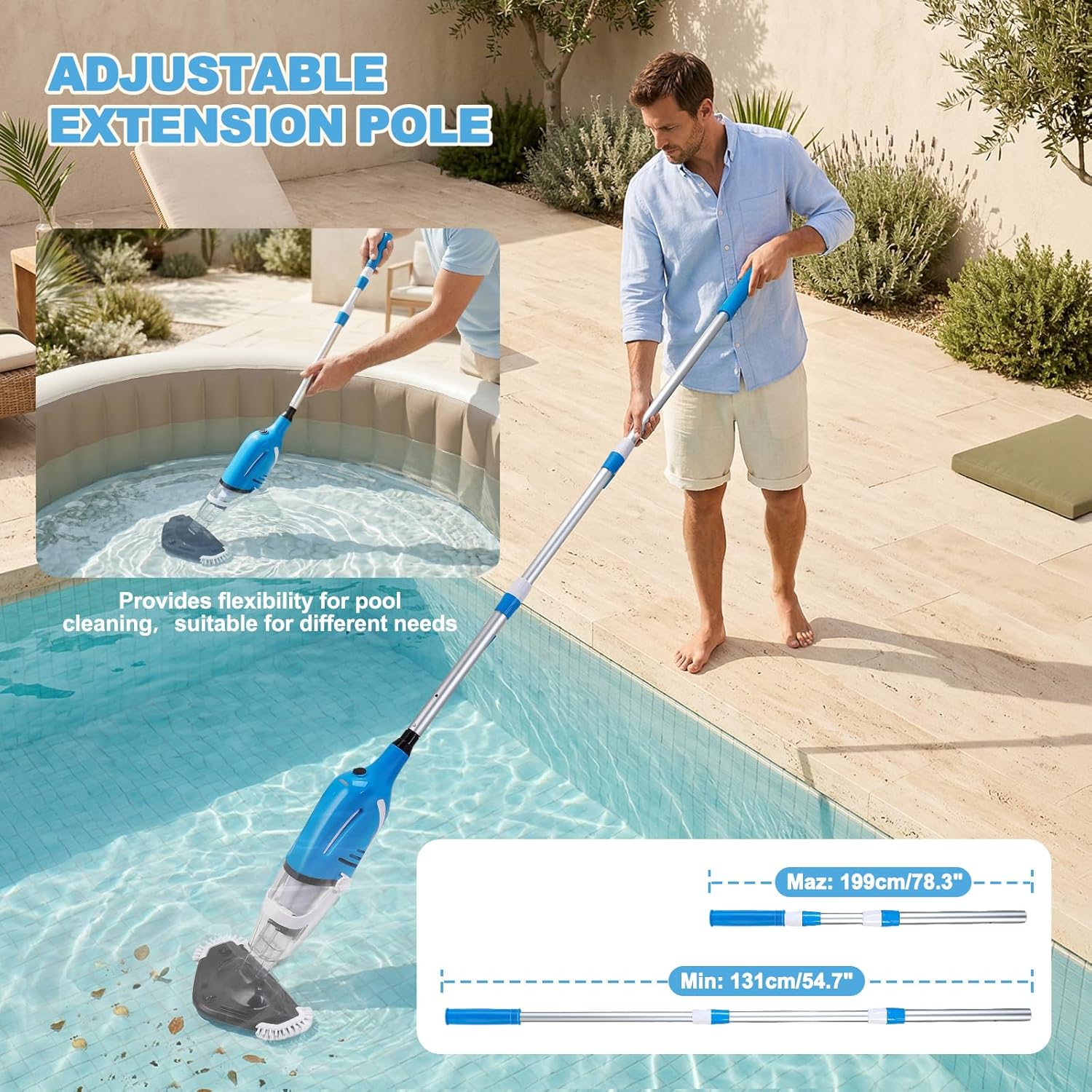 Aspirateur Piscine, Aspirateur Spa Rechargeable avec Aspiration Puissante 40 L/Min, Manche Télescopique de 131 à 199 cm, Capteur Automatique, 2 Têtes de Brosse pour Spas, Jacuzzis et Piscines