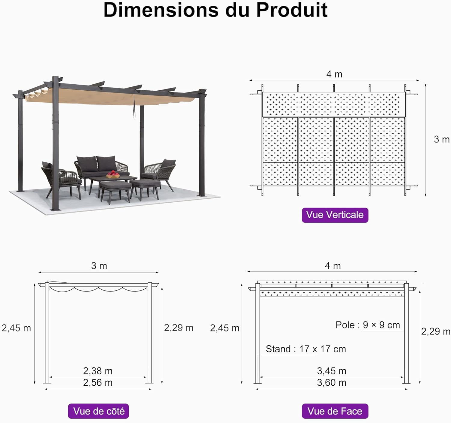 jardinite - Pergola Aluminium - 4x3m - Toit coulissant, tissu kaki