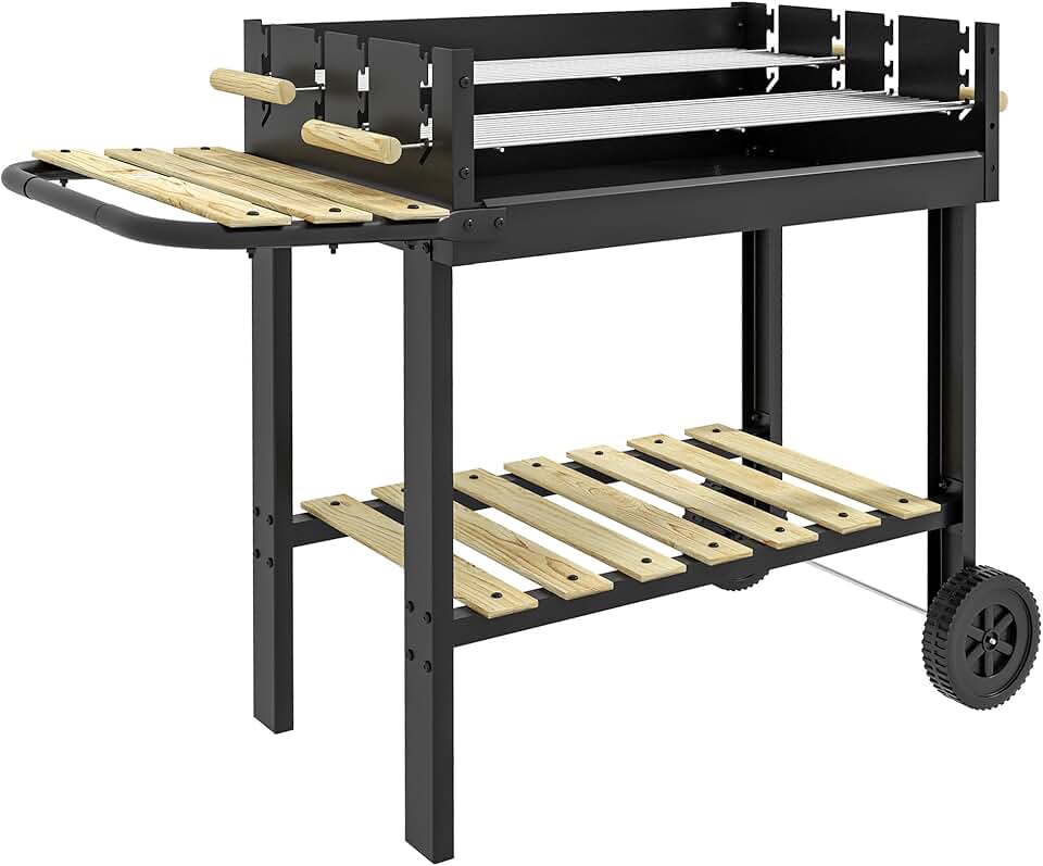 jardinite - BBQ sur pied - 113x53,5x82,5 cm - double gril, roues, étagères