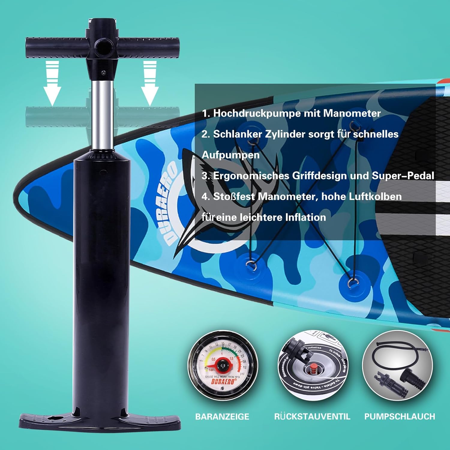 Siège de Kayak Gonflable Stand Up Paddle et Support de caméra, pagaie 2 en 1 330x76x15cm, Pompe jusqu'à 150kg avec Sangle de Pied, Sac à Dos