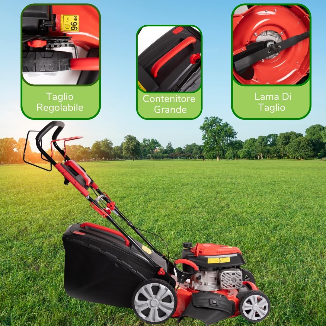 jardinite Tondeuse à gazon à explosion automotrice 4in1-4 CV, Tondeuse à gazon thermique autoportée - Moteur 170cc 4 temps avec autotraction - Largeur de coupe 51 cm - Mulching - Panier de collecte 60L