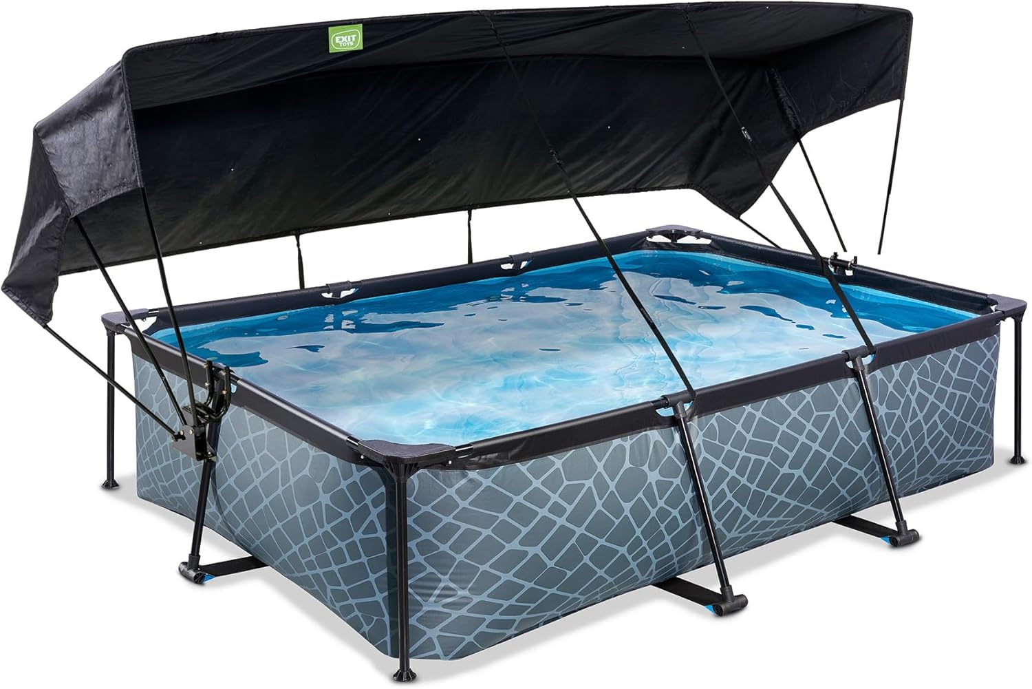 jardinite Piscine Stone avec Voile d'Ombrage - 300x200x65cm - Piscine Hors Sol Rectangulaire avec Pompe Filtrante à Cartouche - Protection Optimale Contre Les Rayons UV - Entrée Basse - Gris