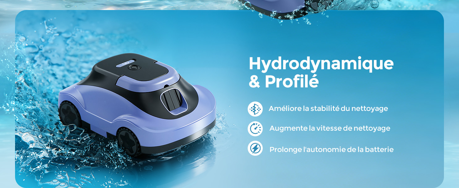 Le texte se lit comme suit : « Hydrodynamique et profil ». Appareil robot de nettoyage de piscine bleu présenté sous l'eau, au design élégant avec des composants noirs et blancs.