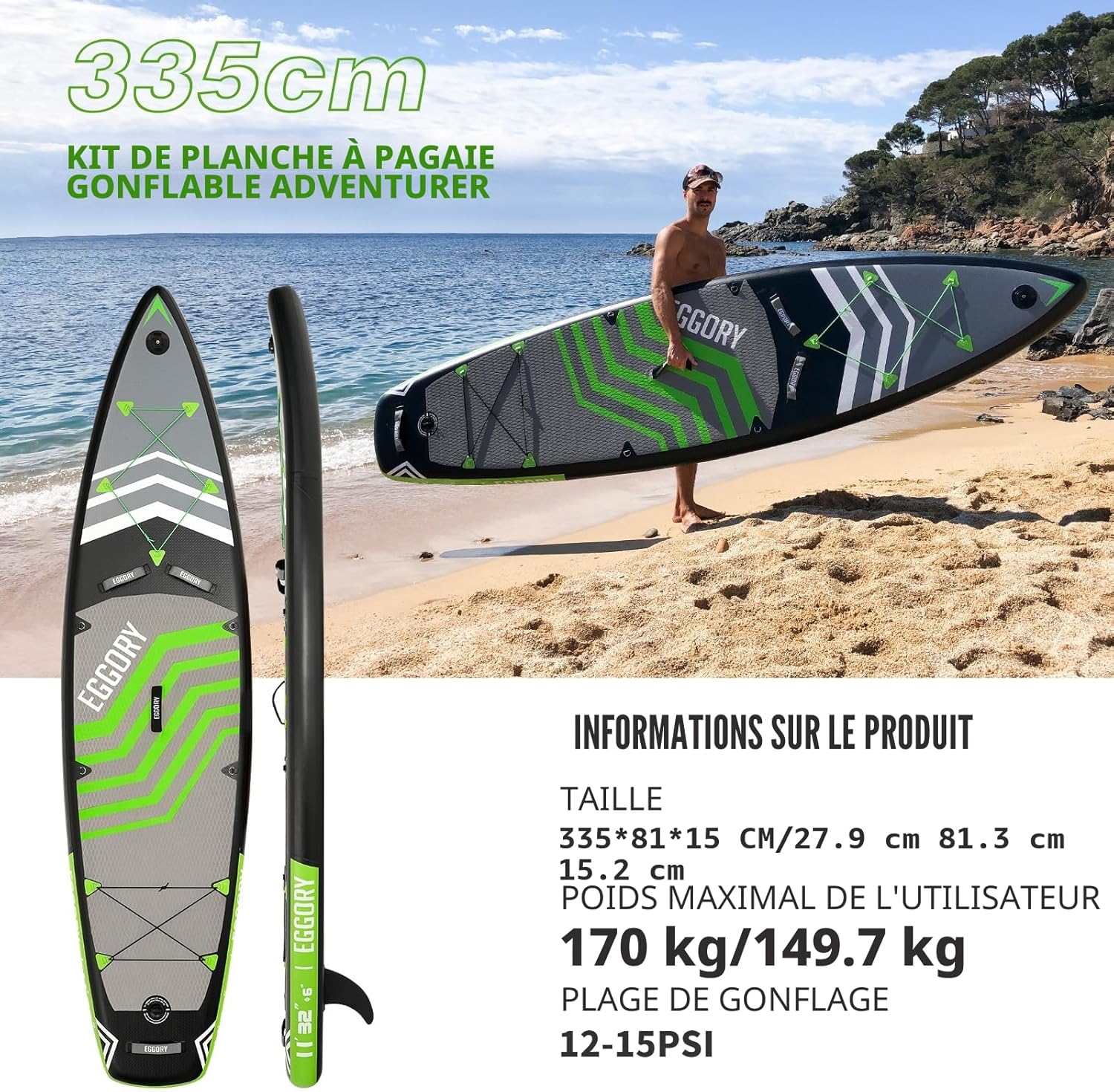 Planche de Surf Gonflable - SUP paddle 320cm, sac à dos, pompe, accessoires complets