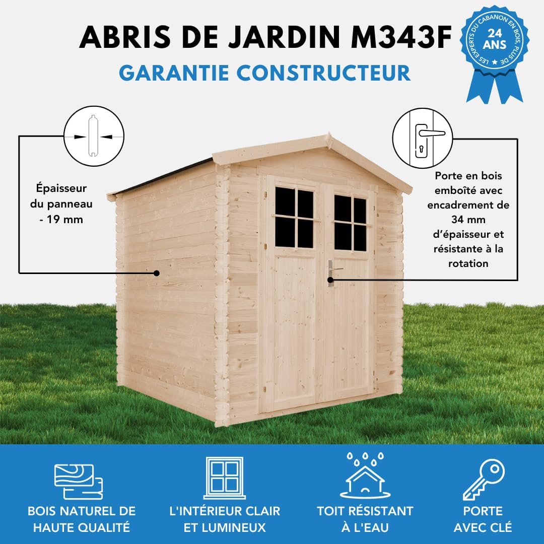 Abri de Jardin en Bois avec Sol TRAITÉ Porte verrouillable de Haute qualité - Stockage extérieur I216xL206xH218 cm/ 3.53 m2 - Toit imperméable, fenêtres jardinite M343F+M343G