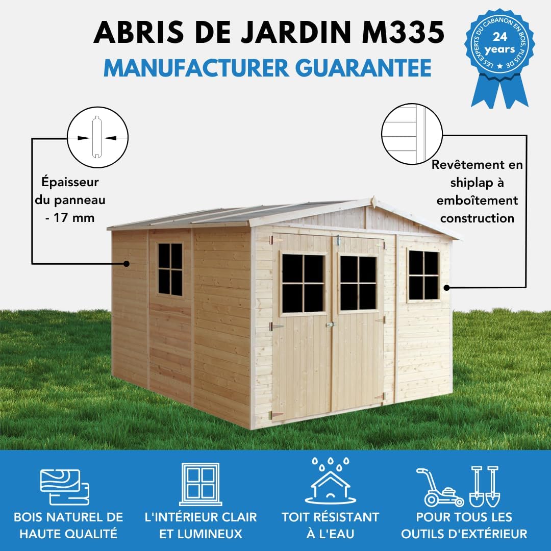 ABRI de Jardin en Bois Exterieur avec Les PLANCHERS IMPRÉGNÉ - Cabane de Jardin en Pin/épicéa- H226x316x324 cm/9 m²-Construction de Panneaux- Rangement pour vélos, Remise à Outils- jardinite M335+M335G