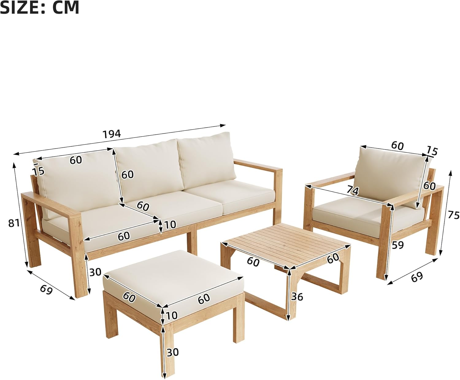 Canapé de jardin 4-6 places, acacia, modulable, table basse, fauteuils
