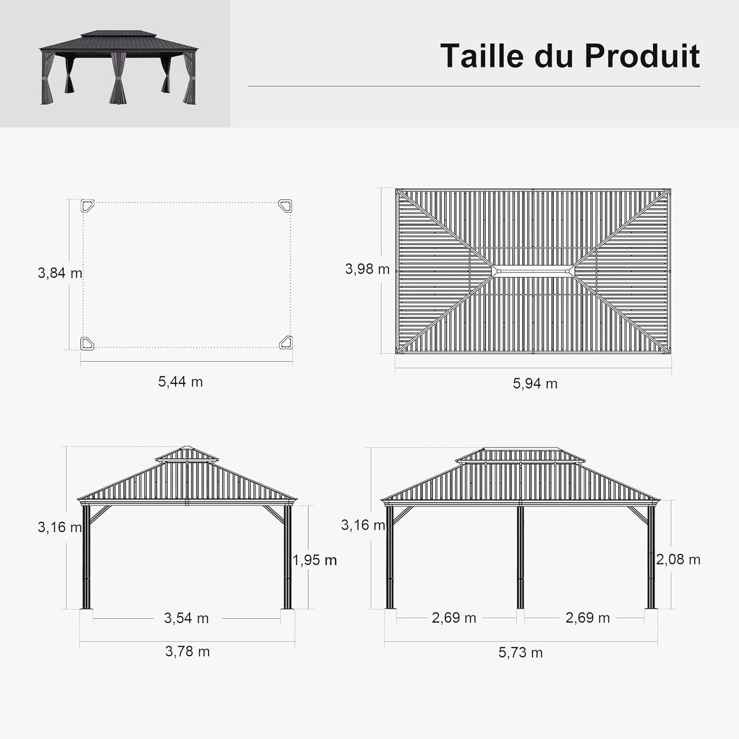 jardinite - tonnelle jardin 6x4m - alu, éclairage, gouttière, rideaux