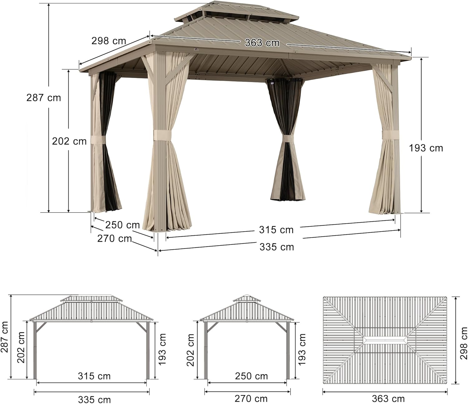 jardinite - pergola aluminium - 3,65x3m - double toit, moustiquaire, rideaux