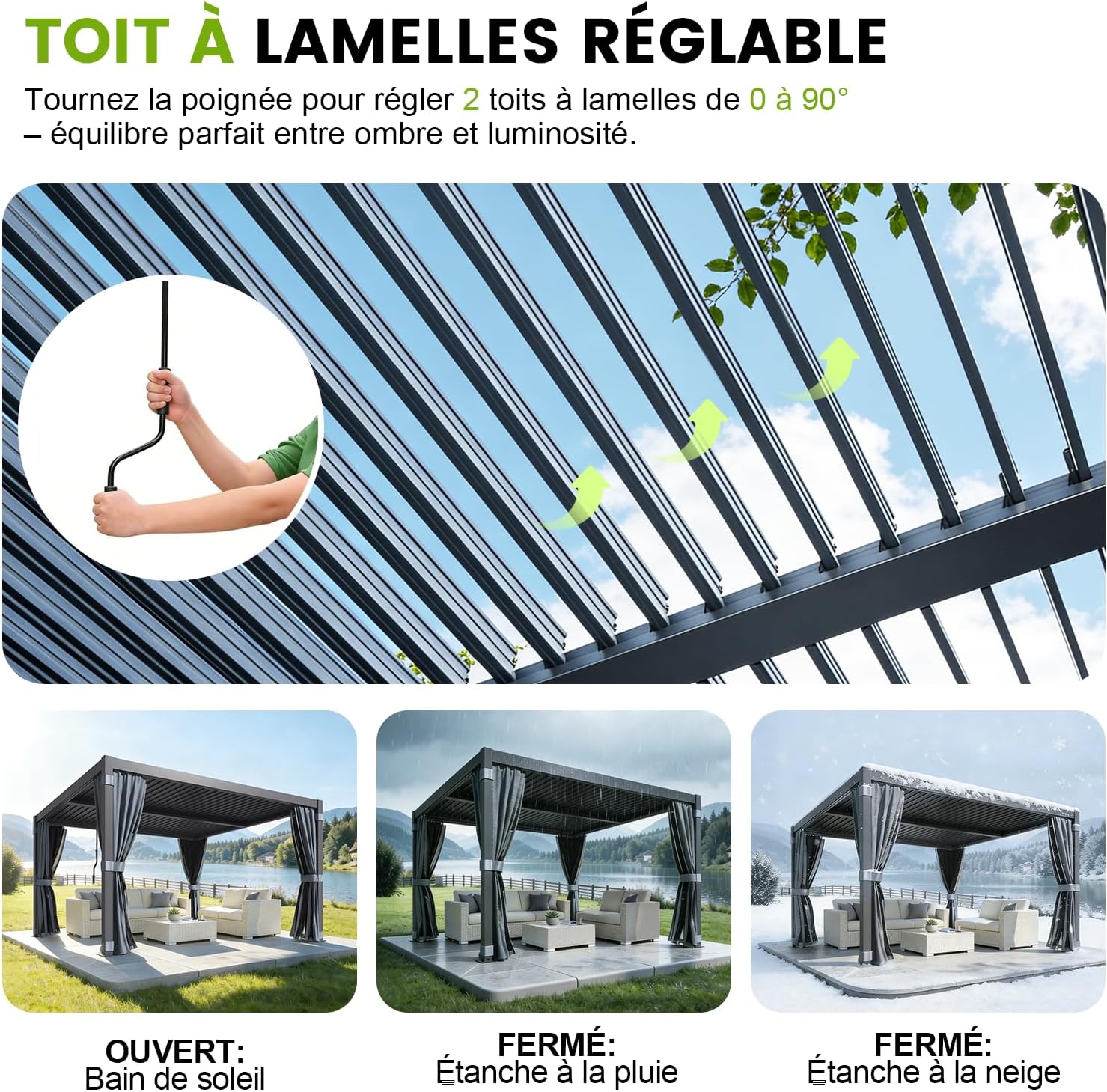 Pergola bioclimatique - aluminium/acier - 3x3 m - toit à lames, rideaux étanches