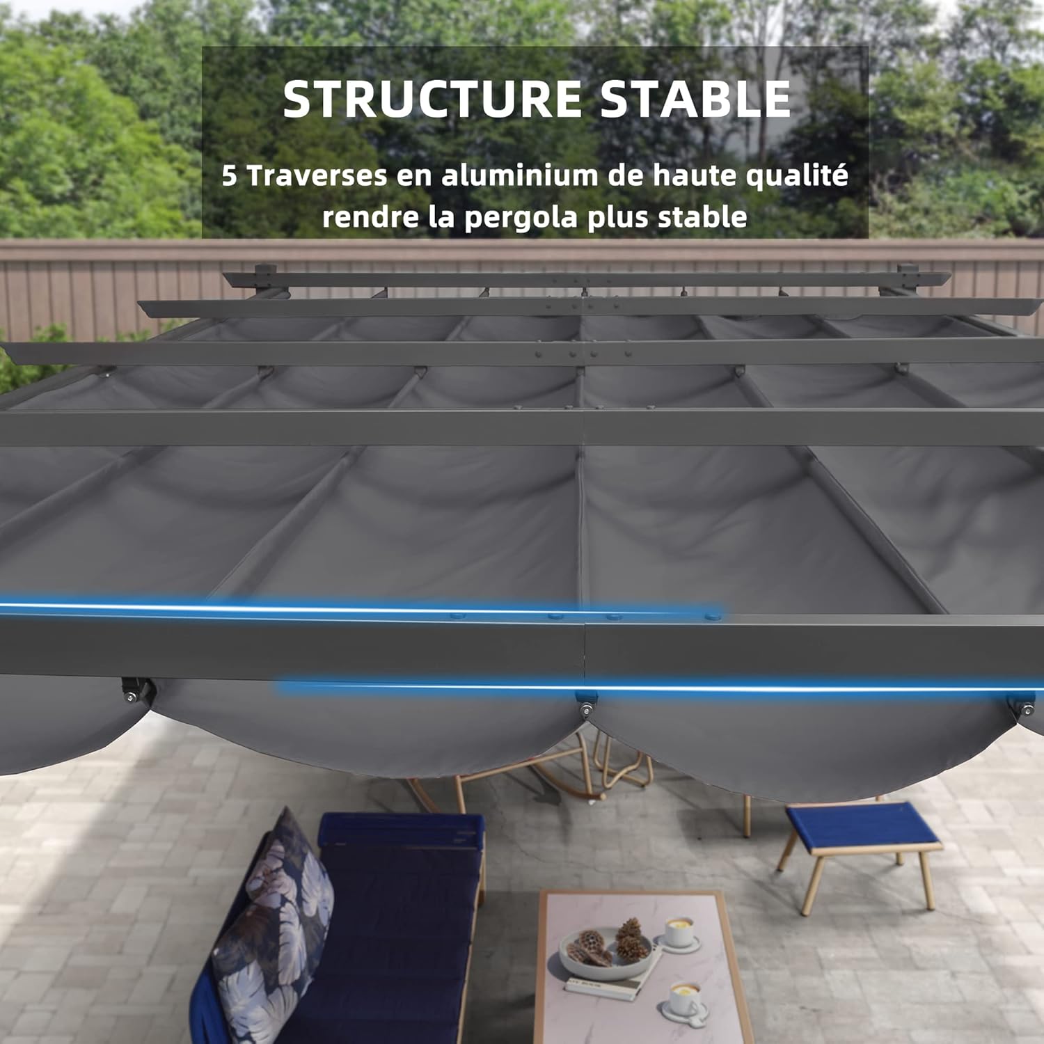 jardinite - pergola aluminium - 3,65x3m - toit rétractable LED, tissu gris