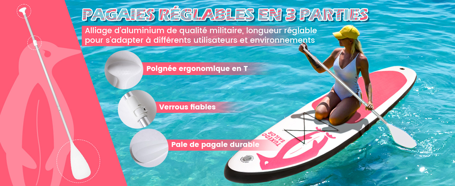Bannière marketing rose et bleue montrant des équipements de paddleboard ou de sports nautiques sur une eau bleu vif avec des éléments graphiques blancs
