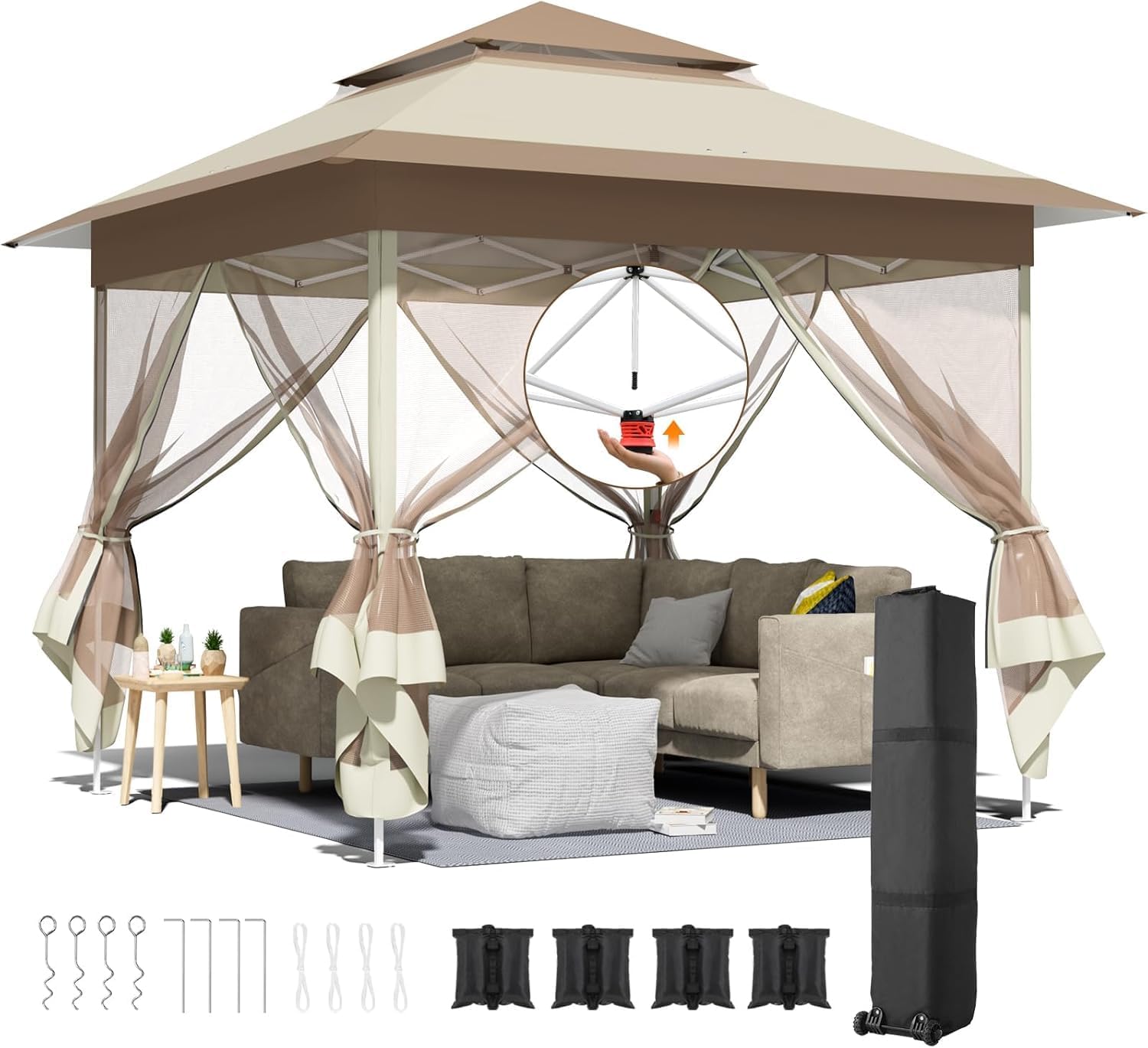 Tonnelle pliante - 3,3x3,3m - imperméable, double toit, moustiquaires