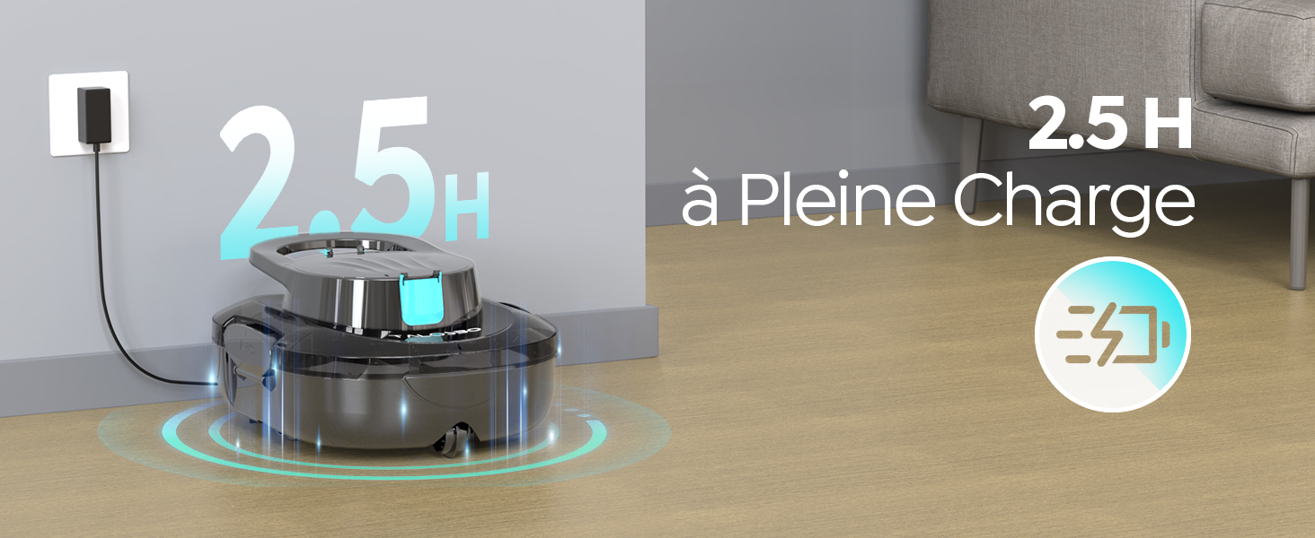 Le texte indique « 2.5H » et « à Pleine Charge ». Plusieurs images montrant un aspirateur robotique fonctionnant dans différentes positions avec des motifs de balayage circulaires indiqués par des graphiques superposés bleus.