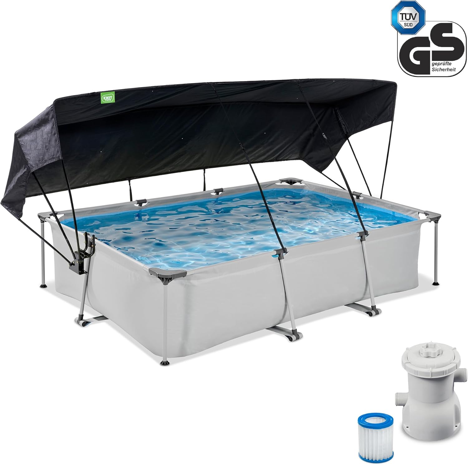 jardinite Piscine Soft Grey avec Voile d'Ombrage - 300x200x65cm - Piscine Hors Sol Rectangulaire avec Pompe Filtrante à Cartouche - Protection Optimale Contre Les Rayons UV - Entrée Basse - Gris