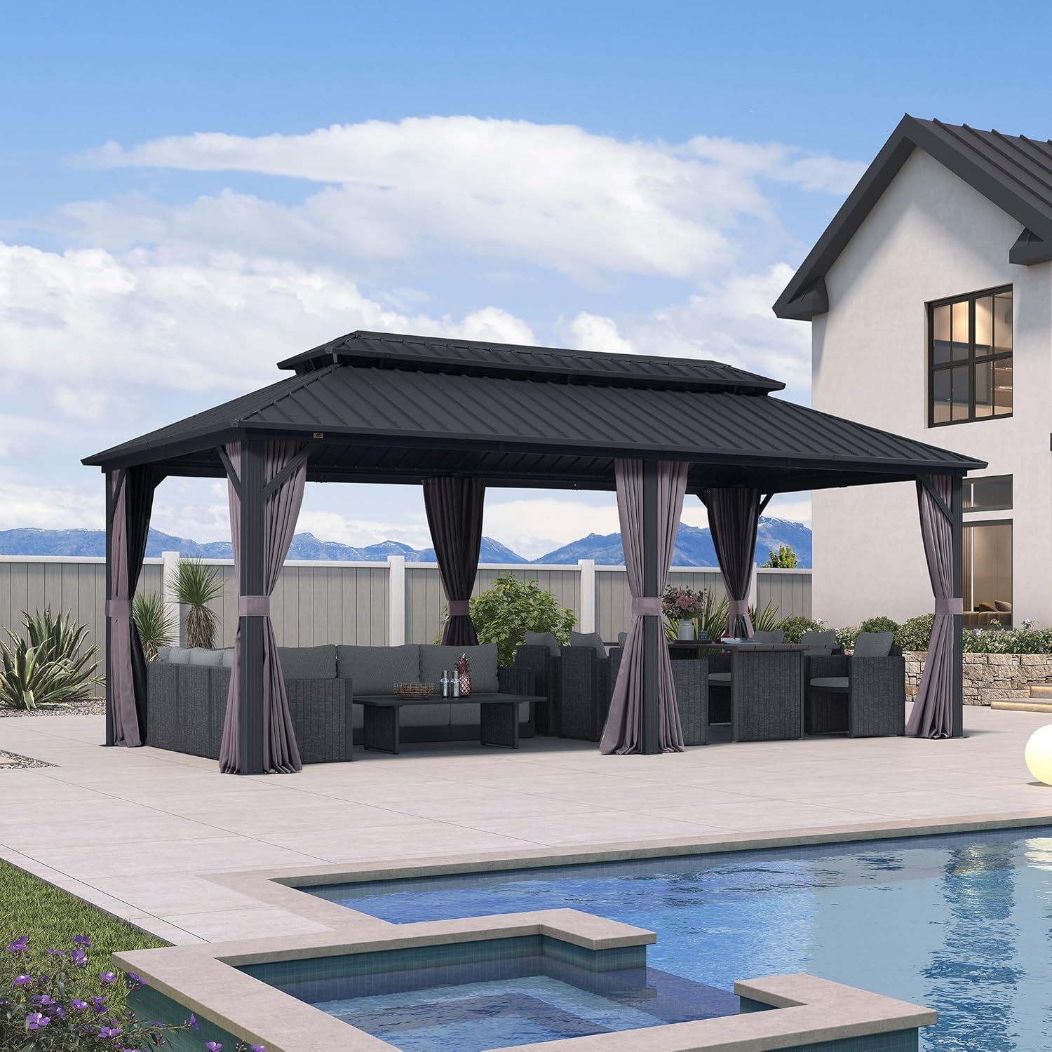 jardinite - pergola double toit 6x3m, alu & acier, rideaux & moustiquaire